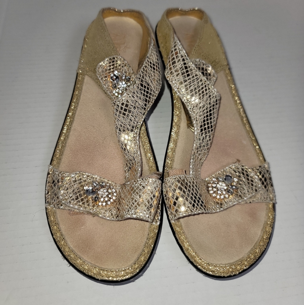 Alegria PG Lite LAR Sandals Gold Leather Snake Print Bead Wedge Size EU38/US7.5